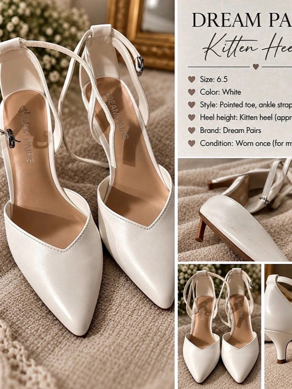 Dream Pairs Ankle Strap Kitten Heel Sandals White US 6.5